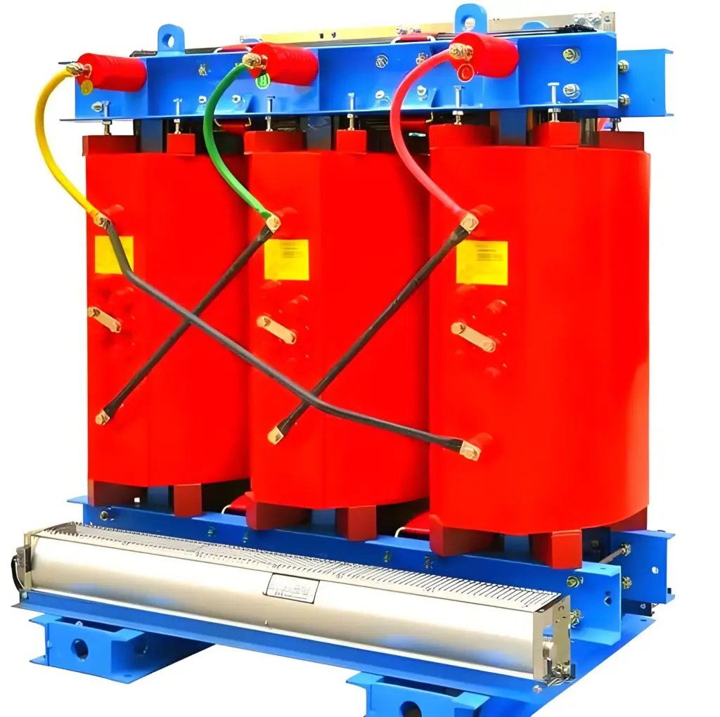 Dry Type Transformer Three-phase cast resin dry type transformer with red windings and a blue support frame