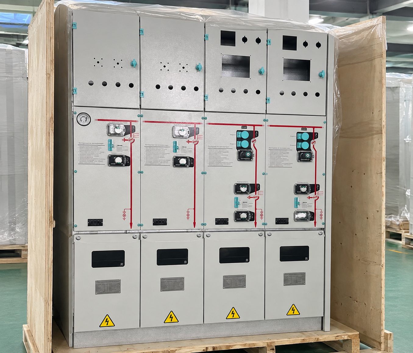 Four-bay ring main unit in workshop packaging, edited from supplied reference photo